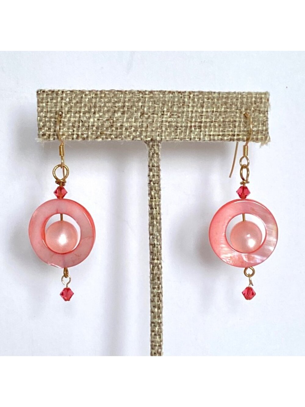 Coral Mother of Pearl Cats Eye Swarovski Crystal Gold Filled Pierced Earrings